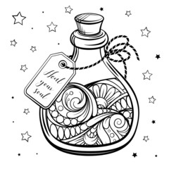 Bottle with magic calming potion. Black and white vector graphic. Antistress coloring page.