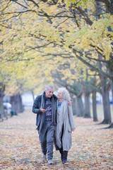 Affectionate couple hugging, walking among trees and leaves in autumn park