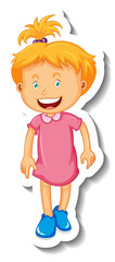 Sticker template with a little girl cartoon character isolated