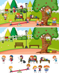 Obraz premium Park scene set with many kids doodle cartoon character isolated