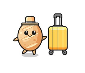 french bread cartoon illustration with luggage on vacation