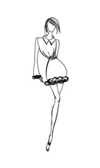 Fashion woman demonstration model Ink sketch hand drawn. Fashion show outline, vector
