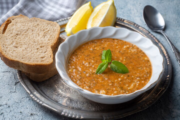 Traditional delicious Turkish soup; Turkish name; Tarhana or Ezogelin corbasi