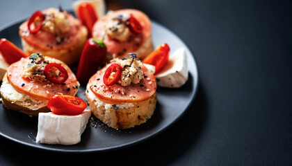 Open face sandwiches stuffed fish, cream cheese, tomato, chili pepper and sesame seed. Smorrebrod traditional Danish sandwich, shallow focus, close up.
