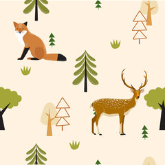 Vector forest background with fox and deeer. Seamless background. Wild nature. Summer forest