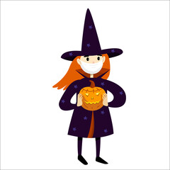 Little girl in halloween witch costume and protective face mask. Coronavirus protection illustration. Vector illustration in cartoon style isolated on white background