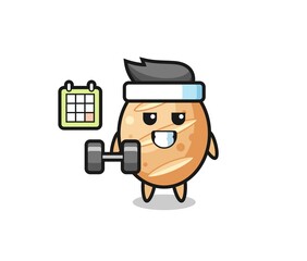 french bread mascot cartoon doing fitness with dumbbell