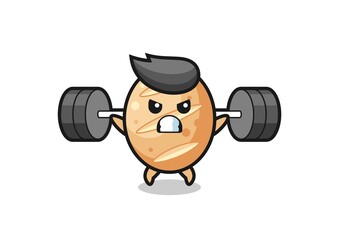 french bread mascot cartoon with a barbell