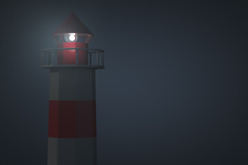 Navigational marine lighthouse on foggy night