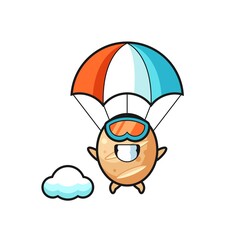 french bread mascot cartoon is skydiving with happy gesture