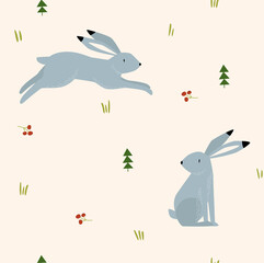Vector background with hares. Spring background. Hares in the forest. Can be printed on fabric, paper