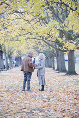 Fototapeta premium Affectionate senior couple holding hands, walking among trees and leaves in autumn park