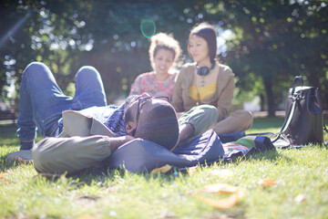 Fototapeta premium Young friends relaxing in sunny summer park