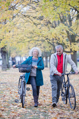 Senior couple walking bicycles among trees and leaves in autumn park