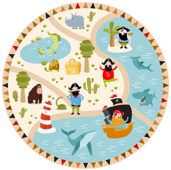 Naklejka premium Tropical maze with animals and pirates. Cartoon tropical animals. African animals. Cartoon cute pirates. A game for children. Children's play mat.