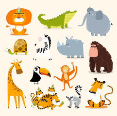 Safari animals set. Vector animals. Wild animals. Cartoon characters.