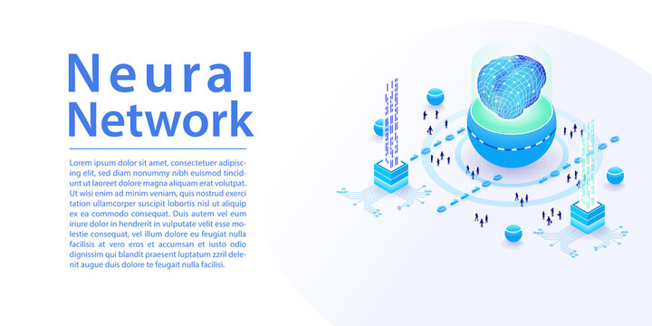 Neural Network And AI Vector Infographic In Wide Web Banner Layout. Notebook And Data Processing With Isometric 3d Icons.