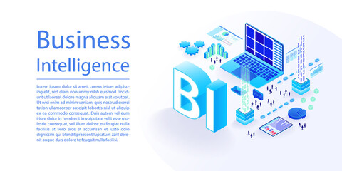 BI Business Intelligence vector infographic in wide web banner layout. Notebook and data processing with isometric 3d icons.