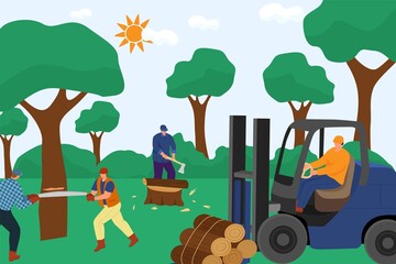 Group of professional lumberjack worker character work together timber harvest, hard work sawn wood flat vector illustration, forest field.