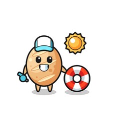 Cartoon mascot of french bread as a beach guard