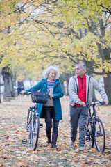 Obraz premium Senior couple walking bicycles among trees and leaves in autumn park
