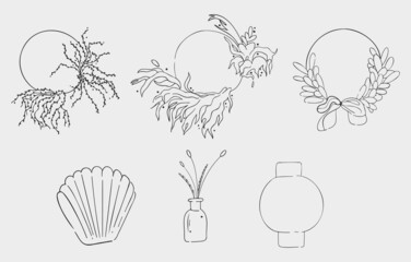 A set of seven line art drawings. Modern hand drawn icons. Black outlines of plants, leaves, rings, ceramics, vases, feathers. Design elements for decorating a flower shop.