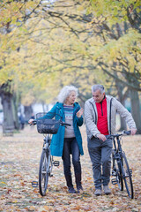 Senior couple walking bicycles among trees and leaves in autumn park