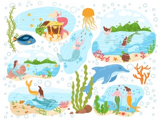 Magical mermaid sea creature, ocean character nymph with marine animal dolphin poster banner set flat vector illustration, isolated on white.