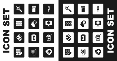 Set Medical digital thermometer, Male head with hospital, Pills in blister pack, analysis, Map pointer cross, Medicine bottle, Cross medical tag and pill or tablet icon. Vector