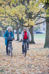 Fototapeta premium Senior couple bike riding among trees and leaves in autumn park