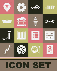 Set Auto service check automotive, Car settings, Wrench spanner, Broken car, Repair on lift, Windshield, Location with and spark plug icon. Vector