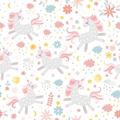 Cute unicorns with pink manes and tails. Seamless pattern with unicorns, flowers, clouds and stars. Print for baby fabric.