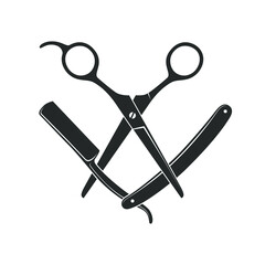 Scissors and straight razor graphic icon. Sign crossed scissors and razor isolated on white background. Barbershop symbols. Vector illustration - obrazy, fototapety, plakaty