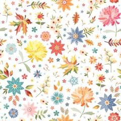Obraz premium Embroidered floral design. Seamless vector pattern with colorful flowers and leaves on white background. Swatch for textile.