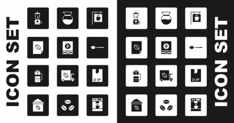 Set Street signboard coffee, Electronic scales, Coffee poster, Electric grinder, Spoon, Pour over maker, Bag beans and French press icon. Vector
