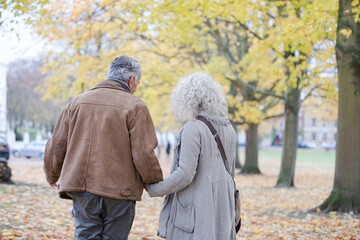 Affectionate senior couple holding hands, walking among trees and leaves in autumn park