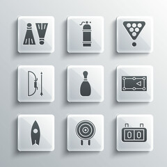 Set Target sport, Sport mechanical scoreboard, Billiard table, Bowling pin, Surfboard, and arrow quiver, Rubber flippers for swimming and balls rack triangle icon. Vector