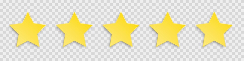 five stars. gold 5 yellow vector star isolated on transparent background.