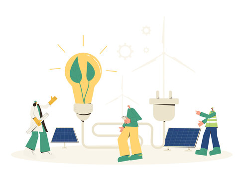 Solar panels installing. Field service technicians workers, architect,  mechanical engineer and project coordinator building moduls. Renewable alternative electricity. Green tech. Vector illustration