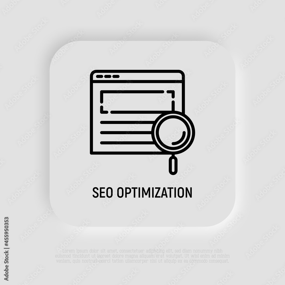 Wall mural seo optimization thin line icon, magnifying glass on web page. modern vector illustration.