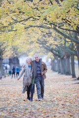 Obraz premium Affectionate couple hugging, walking among trees and leaves in autumn park