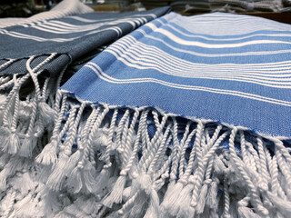 blue striped cotton kitchen towel with white tassels