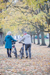 Senior couple walking bicycles among trees and leaves in autumn park