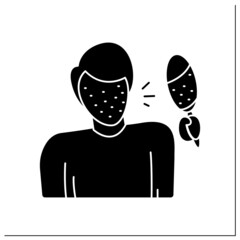 Rash glyph icon. Male avatar, covered in pimples looking in mirror shocked.Skin problem, allergic reaction, a and infection disease. Filled flat sign. Isolated silhouette vector illustration