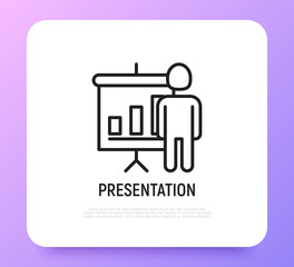 Presentation thin line icon, board with graph growth. Modern vector illustration of conference, lecture, meeting.