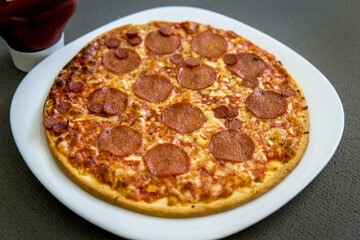 pepperoni salami pizza on a white square plate