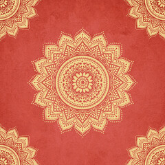 Abstract illustration of beautiful Indian lace ornament (Golden Mandala) on grunge red background - 455951182