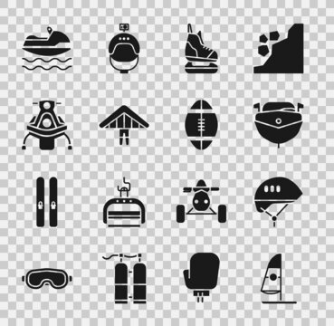Set Windsurfing, Bicycle helmet, Speedboat, Skates, Hang glider, Snowmobile, Jet ski and Rugby ball icon. Vector
