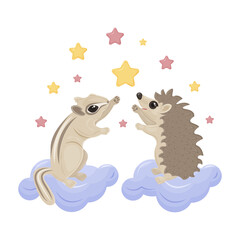 Obraz premium A bright cute children s illustration with the image of a cute hedgehog and a chipmunk sitting on a cloud surrounded by colorful stars. Children s illustration for a print. Vector