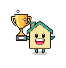 Cartoon Illustration of house is happy holding up the golden trophy
